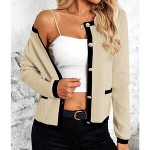 Herfan Women's Contract Binding Button Front Fitted Cardigan | XL